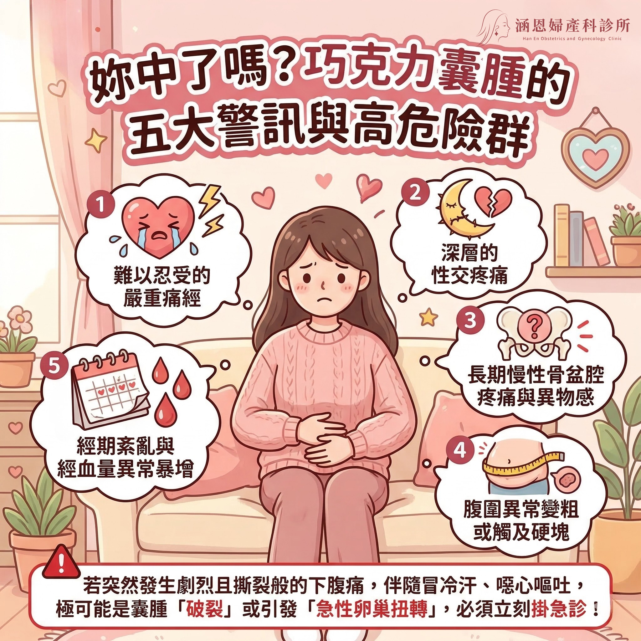 巧克力囊腫五大警訊嚴重痛經性交疼痛骨盆腔疼痛經期紊亂與腹圍變粗